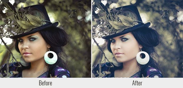 A before and after example of the Soft Light preset, used on a picture of a woman dressed up in fancy clothes and a hat