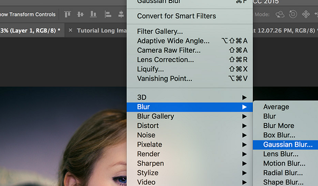 The 'Gaussian Blur' option being highlighted in a drop-down list in Photoshop