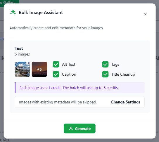 Bulk Image Assistant modal displaying six image thumbnails with options for Alt Text, Caption, Tags, and Title Cleanup; Generate button at bottom.