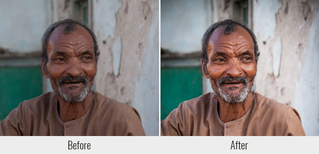 A before and after example of one of the presets included with Street Photography, used on a picture of a man sitting in front of an old building