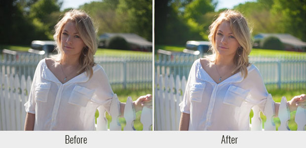 A before and after example of the Summer Love preset, used on a picture of a woman standing in front of a fence in the sunlight