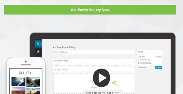 The Envira Gallery homepage banner, showing the WordPress back end on a desktop and an example gallery on mobile