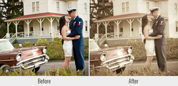 A before and after example of the Vintage Wedding presets, highlighting the pack's sepia tones