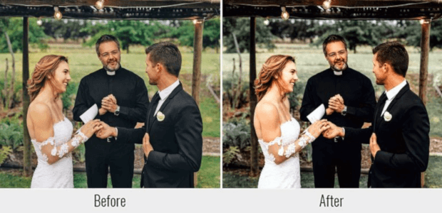 A before and after example of one of the available presets within the Vows presets