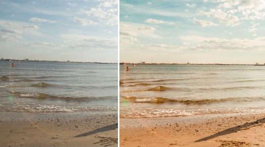 A before and after example of some clarity and other adjustments used on a photo of a beach to make it look more like old film