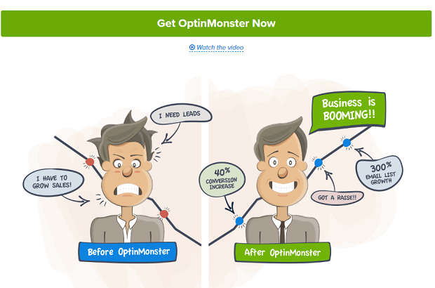 The OptinMonster homepage banner, showing a before and after cartoon