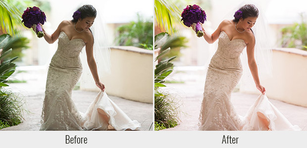 A before and after example of the Wedding Day Lightroom preset, highlighting its soft pinkish glow