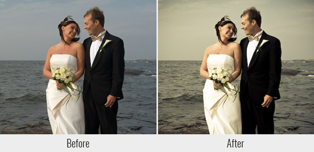 A before and after example of the soft sepia filter available in the Wedding Lightroom Preset Collection