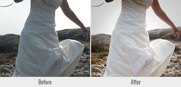 A before and after example of the Weddings Look presets, highlighting the clearer white tone it can give to dresses