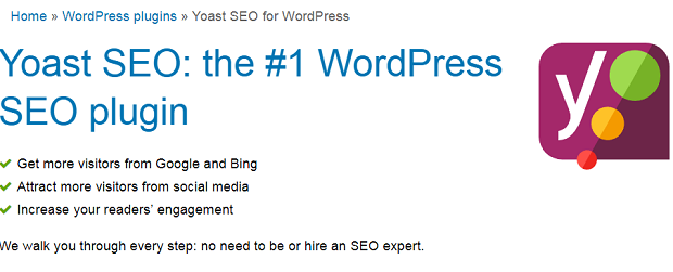 Yoast SEO homepage banner, showing some of its prime features