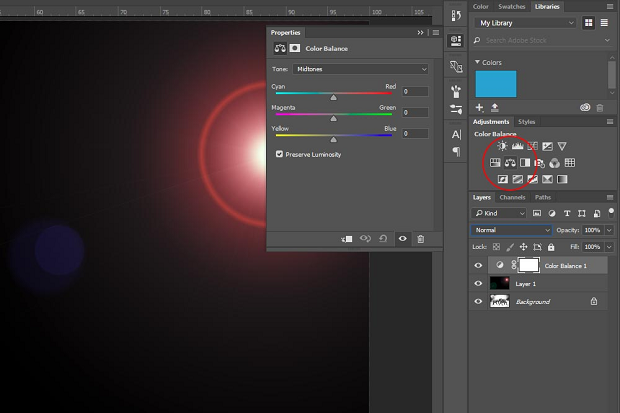 The color balance panel within Photoshop