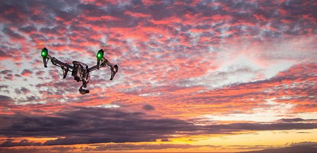 A drone facing towards the sunset