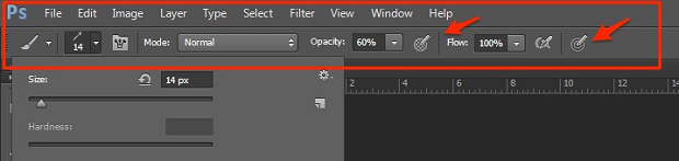 En del Av Photoshop UI, fremhever et par knapper som trengs for å senke opaciteten til et utvalg