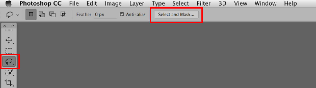 Photoshop, with the Select and Mask and Lasso tools highlighted