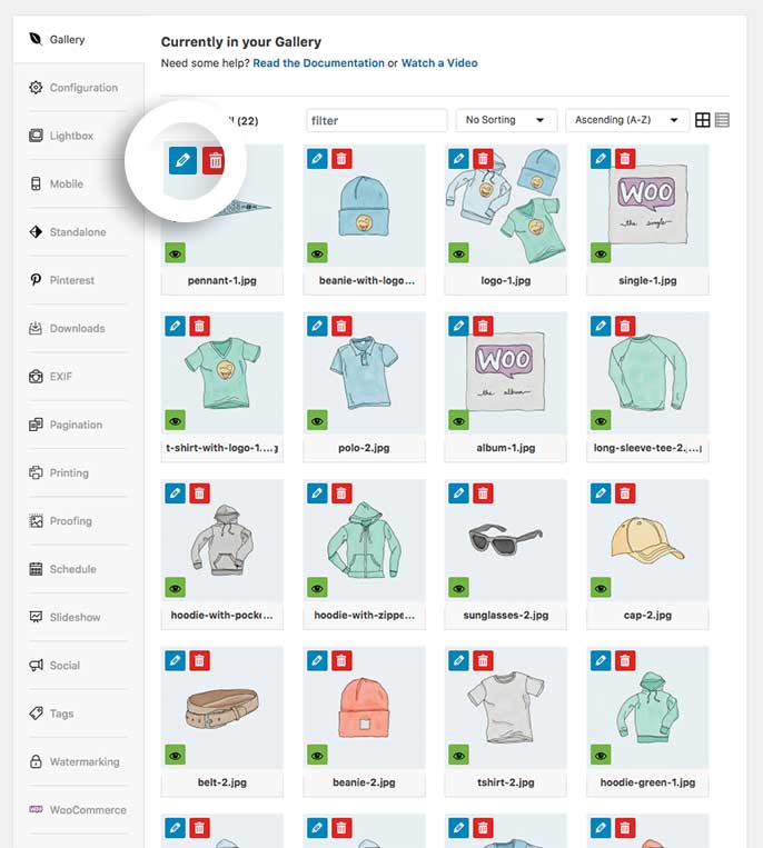 Click the blue pencil icon to edit the gallery images and assign each image to a Woocommerce product