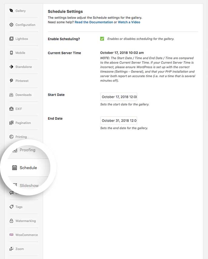Enable the Schedule Addon for your gallery