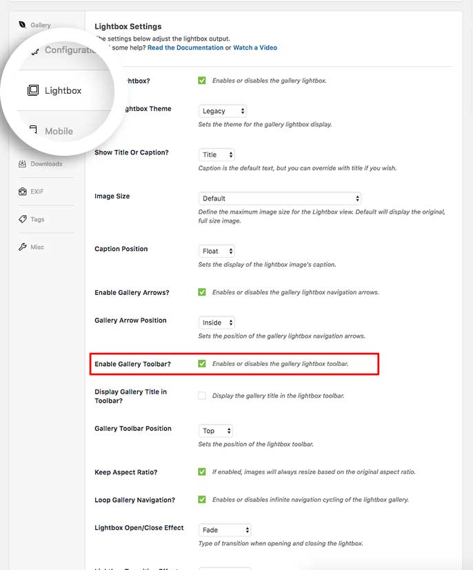 Enable the Gallery Toolbar on the Lightbox Tab