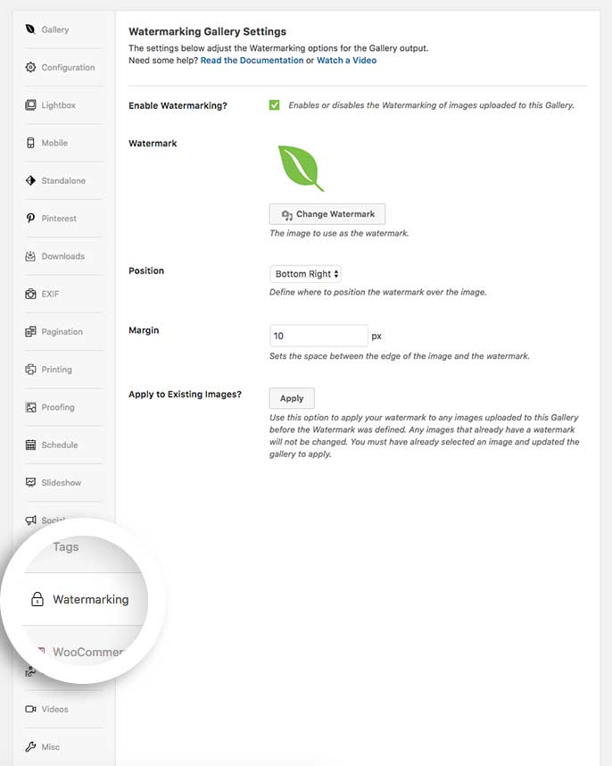 Click on the Watermarking tab to enable the watermark for your gallery
