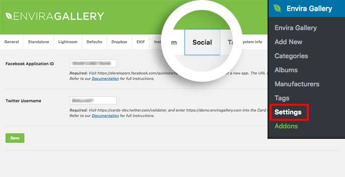Enter your Facebook App ID and Twitter handle here on the Social tab under Envira Gallery Settings