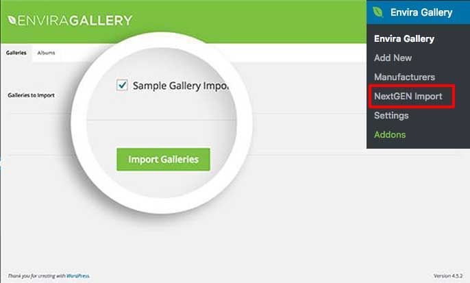 Navigate to the NextGen screen under Envira Gallery menu to being importing your NextGen galleries