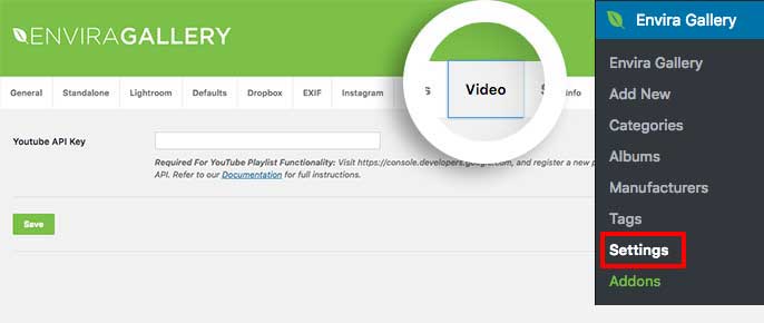 Paste the YouTube API key in the field and click Save