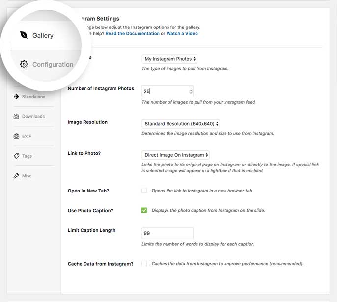 Set up your Instagram gallery settings on the Gallery tab