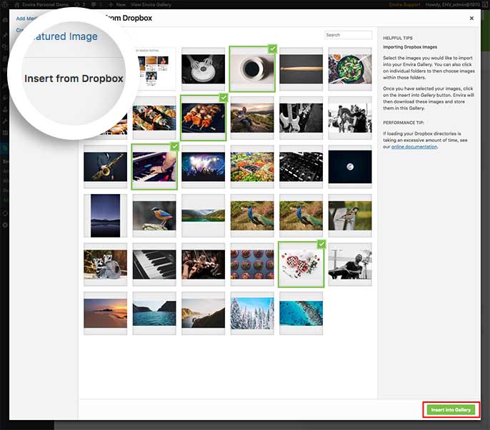 Select the images from your Dropbox account and insert them into your gallery