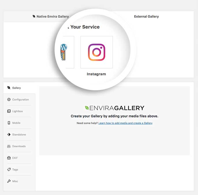 Select the Instagram icon from the External Gallery tab to create an Instagram gallery