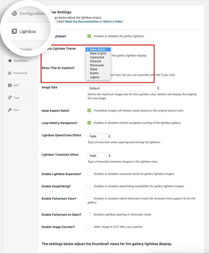 On the Lightbox tab, select the gallery theme for your gallery