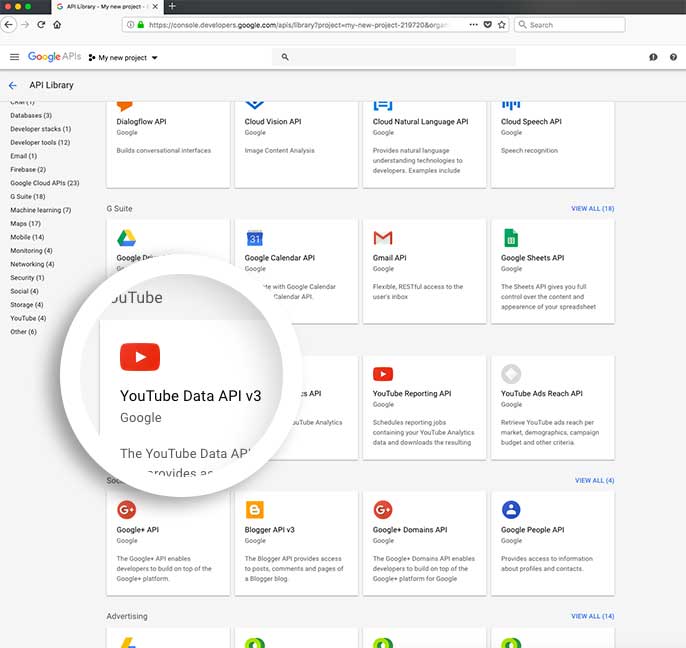 Select the YouTube v3 API for your project