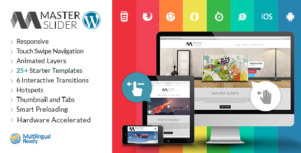 The Master Slider banner, showing some examples of carousels created with the plugin on a phone, tablet, and desktop