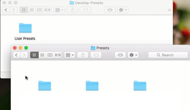 A set of download presets in a folder, with the user presets folder open behind it