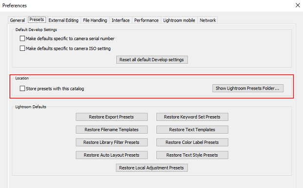 The presets section of the Lightroom preferences, with the show light presets folder box highlighted