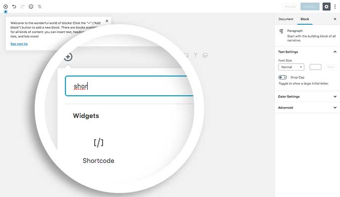 In the search box either type in Shortcode to search for the block or just open up the Widgets section to select the Shortcode block to add