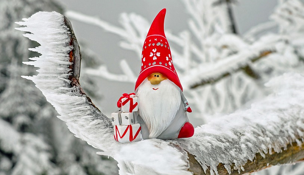 A gnome with a christmas hat sitting in a snowy tree