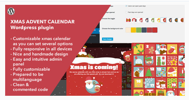 The Xmas Advent Calendar plugin, showing a settings page and an example advent calendar