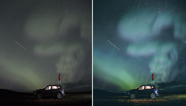 A before and after image of this preset, used on a car driving down a road with the northern lights in the background