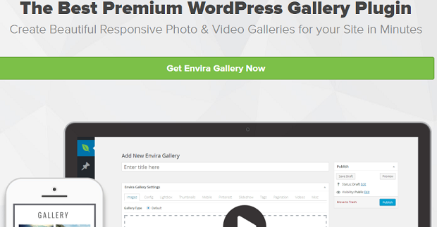 Envira Gallery banner, showing the WordPress backend on a desktop and an example gallery on mobile