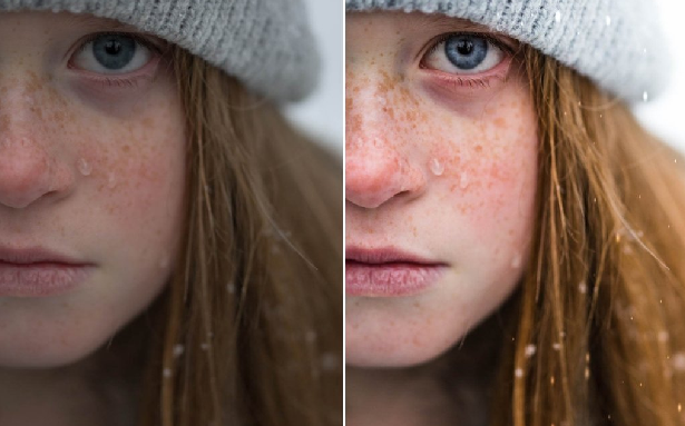A before and after image of this preset, used on a close-up of a girl's face in a winter hat