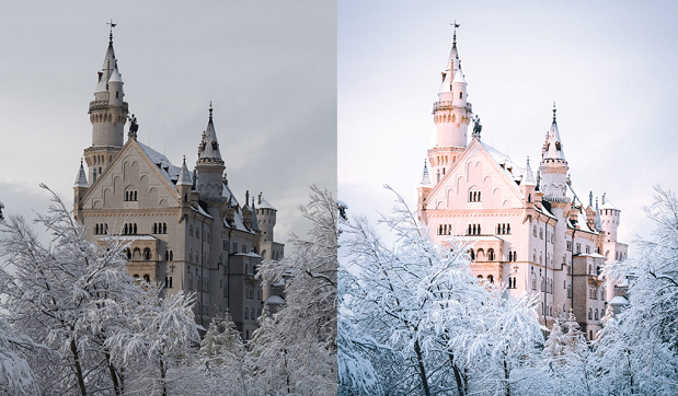 A before and after image of this preset, used on an image of a large castle in a snowy landscape