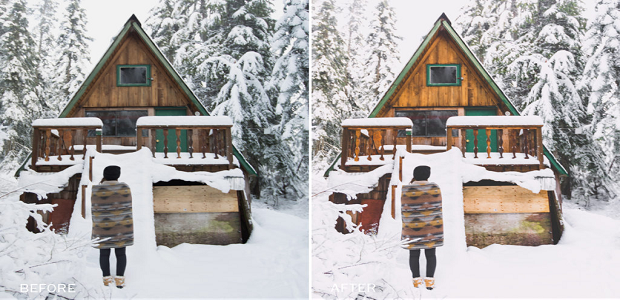 A before and after image of this preset, used on an image of a cabin in the snow