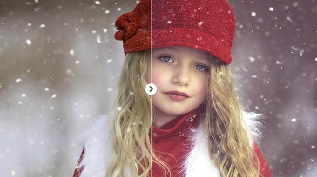 A before and after image of this preset, used on a girl out in the snow