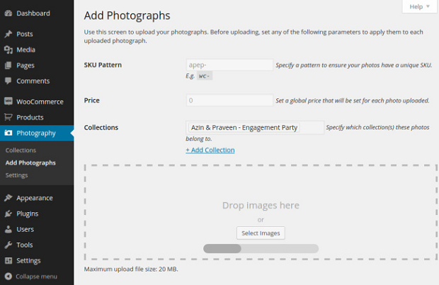 The WordPress backend of the WooCommerce Photography plugin, where you can upload your photos to your site