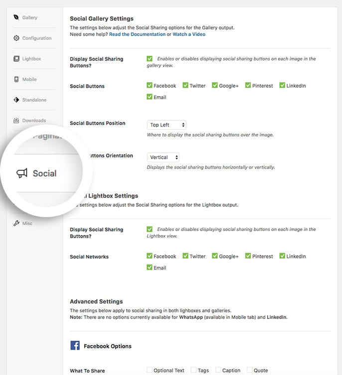 Configure your social sharing settings for your gallery and lightbox