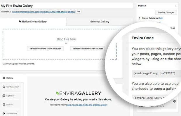 A close-up of the short code area for a newly created gallery made with Envira Gallery