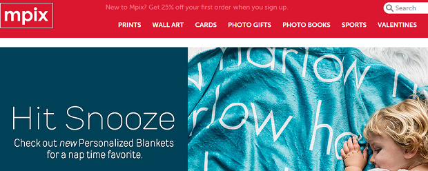 MPix's homepage, with a bright red banner and an image of a baby laying on a blue blanket