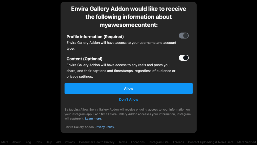 Envira Gallery - press Allow to authenticate with Instagram account