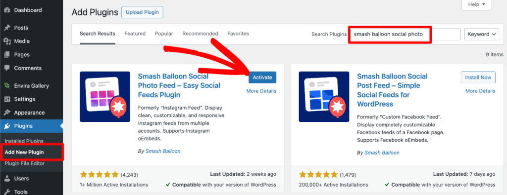 Install and activate Smash Balloon social photo feed (Instagram feed lite)