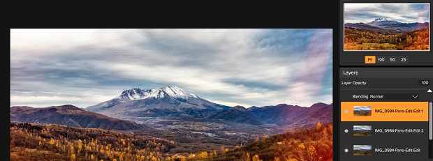 The layers section of ON1 Photo RAW, with an image of a scenic mountain open