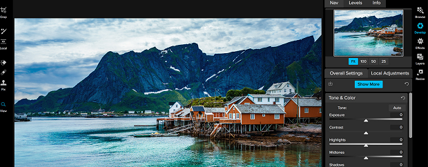 Several adjustment settings open in the sidebar of an image of a lakeside house